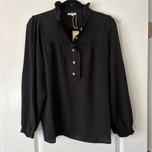 Women’s NWT Jodifl Black long sleeve shirt with button ruffled neckline. M. $50